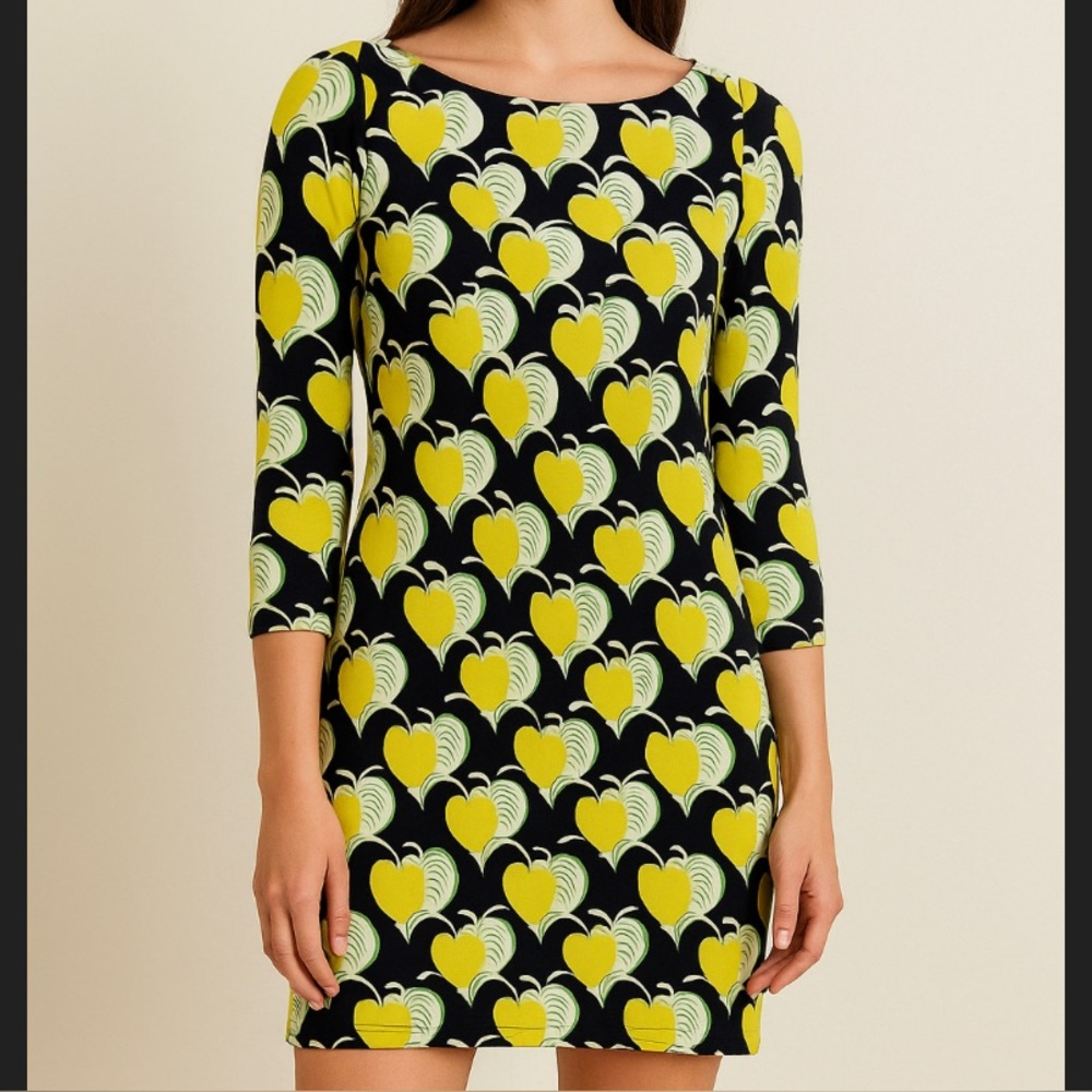 TORY BURCH leaf print long sleeve yellow and navy mini dress